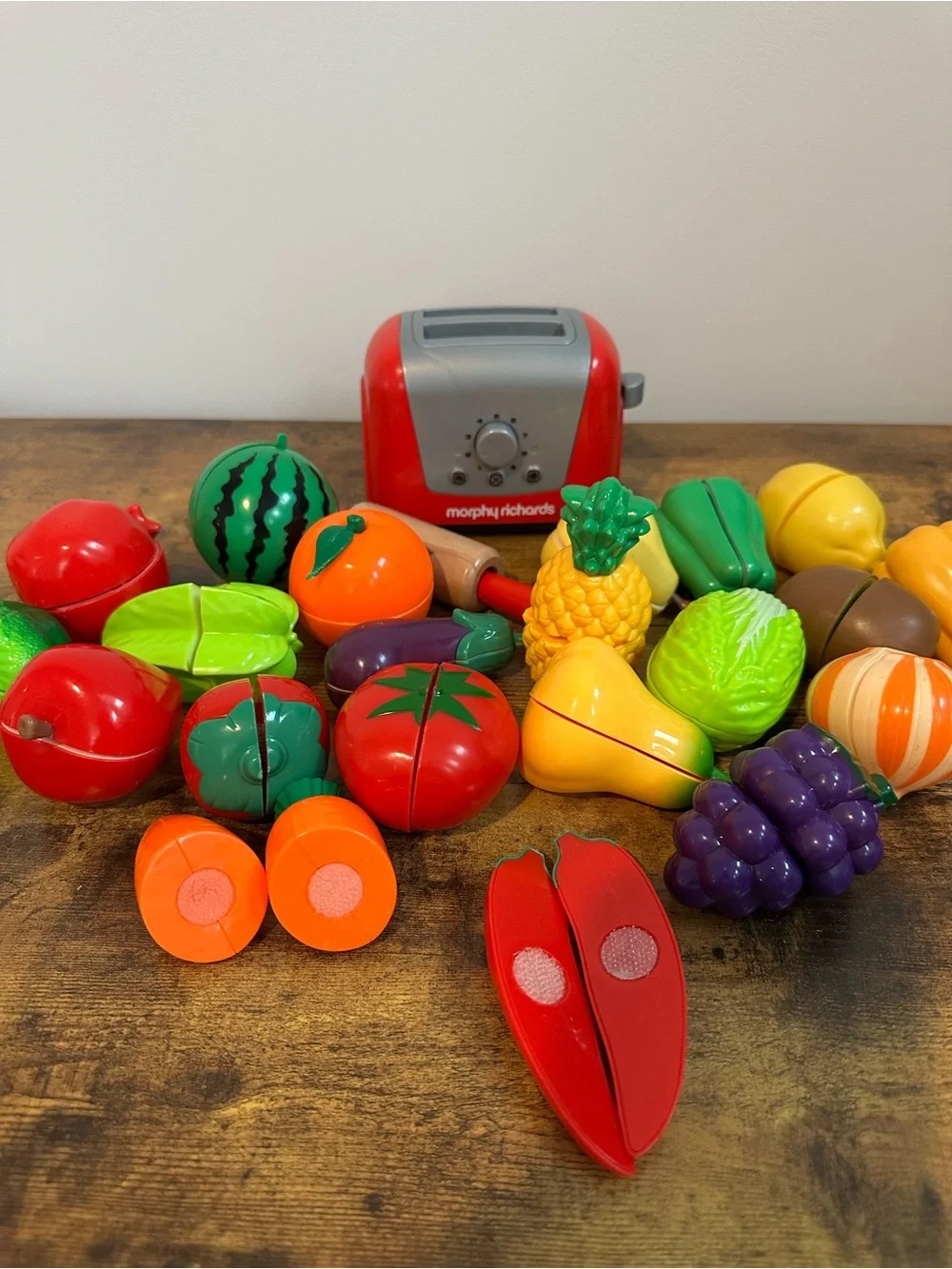 Kids Play Food Fruit & Veg Cutting Set with Red Toaster -